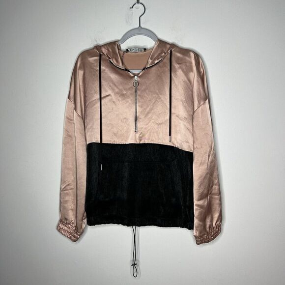 Zara‎ Jacket Womens Medium Pink Black Satin Hoodie Colorblock Pullover 1/2 Zip - Picture 4 of 6